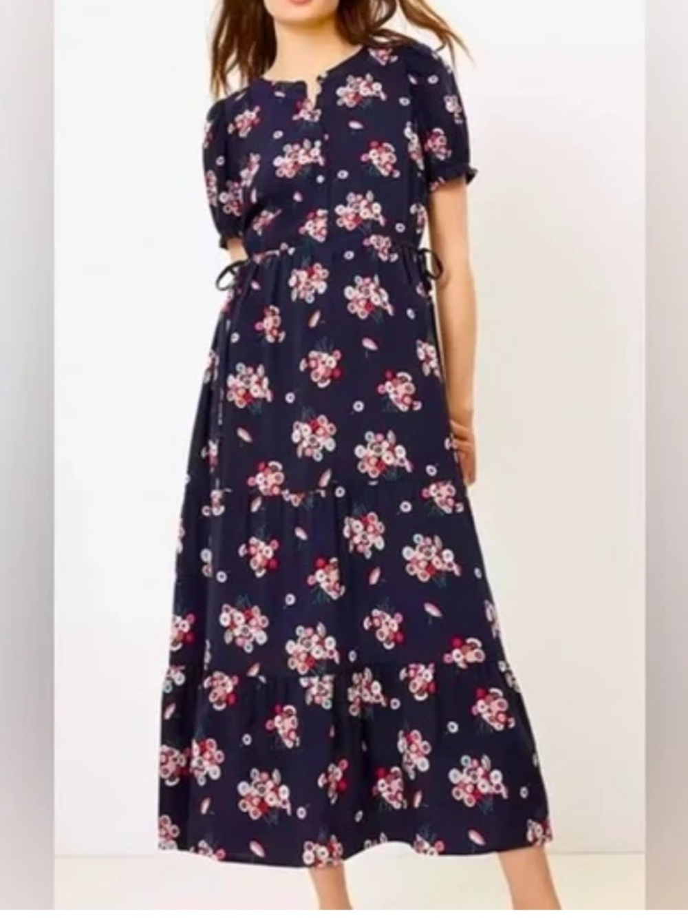 LOFT Navy Floral Tiered Button-Front midi Dress 8